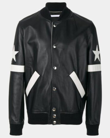 Black Lamb Skin Wool Blend Star Patch Leather Bomber Jackets Fashion Collection Free Shipping