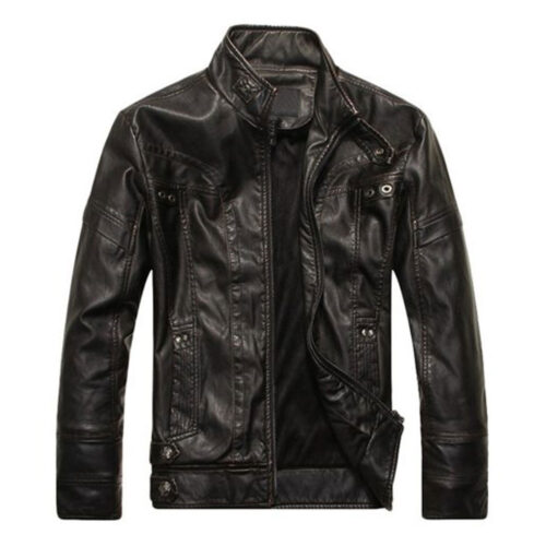Chouyatou Vintage Stand Collar Black Mens Leather Jacket Fashion Collection Free Shipping