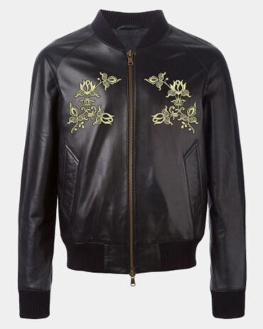Mans Bomber Leather Jacket with Flower Embroidery
