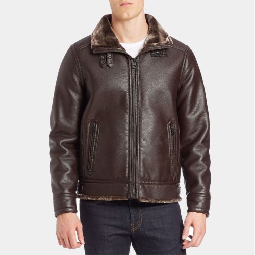 Guess Faux Fur-Lined Leather Bomber Jacket Men Brown Fashion Collection Free Shipping