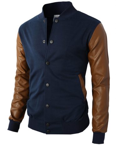Mens Navy Blue Baseball Varsity Jacket Leather Suede Sleeves Fashion Collection Free Shipping