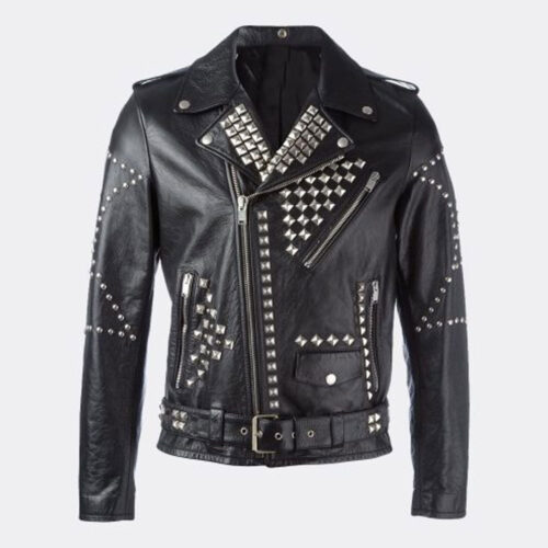 Handmade Black Studded Mens Leather Jacket Fashion Collection Free Shipping