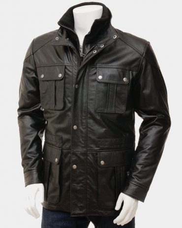 Men's Black Leather Jacket with buttons