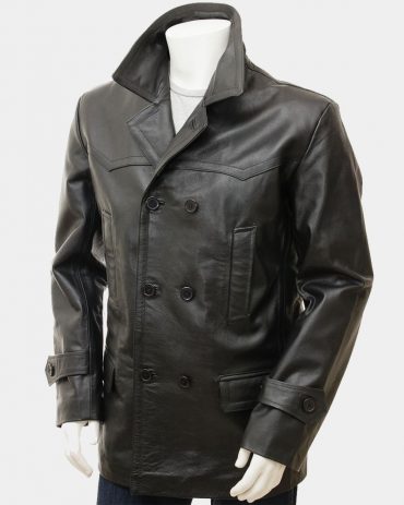 Men's Black Leather Peacoat