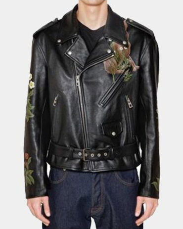 Black Printed Tan Leather Biker Jacket