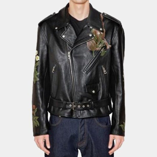 Mens Black Printed Tan Leather Biker Jacket Fashion Collection Free Shipping