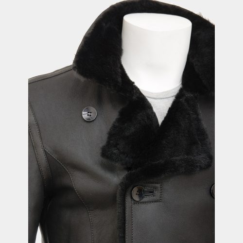 Black Sheepskin Long Mens Leather Dress Coats Fashion Collection Free Shipping