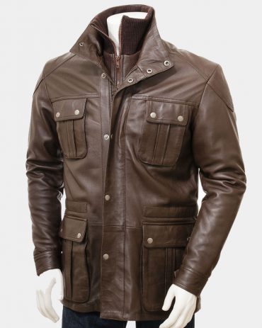 Men's Brown Leather Jacket with button