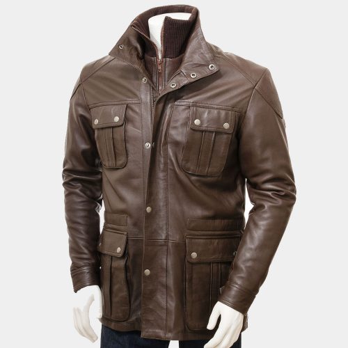 Men’s Brown Leather Fashion Coat With Button Fashion Coats Free Shipping