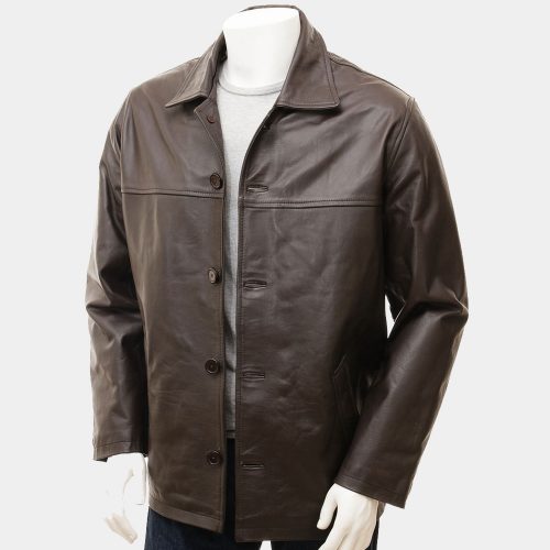 Mens Brown Leather Reefer Fashion Coat Jacket Fashion Coats Free Shipping