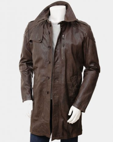 Mens Brown Leather Trench Coat