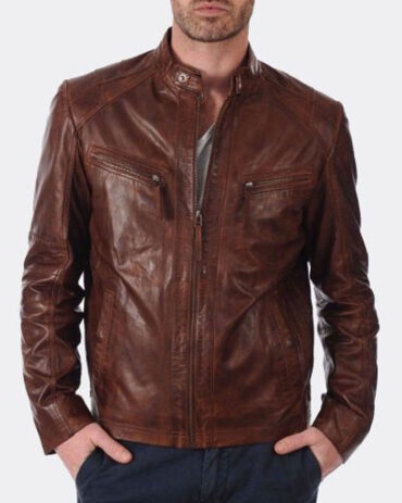 Men’s Slim Fit Distressed Brown Leather Jacket Fashion Collection Free Shipping