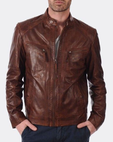 Men's Slim Fit Distressed Brown Leather Jacket