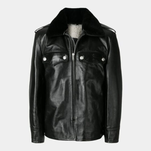 Mens Wool Black leather jacket Fashion Collection Free Shipping