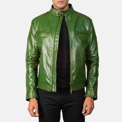 Men Green Biker Leather Jacket Fashion Collection Free Shipping