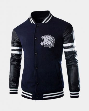 Navy Leather Long Sleeve varsity Jacket