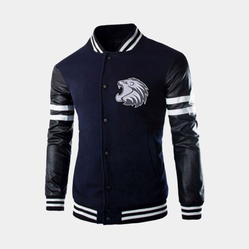 Navy Leather Long Sleeve varsity Jacket Fashion Collection Free Shipping
