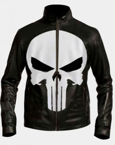 Punisher Skull Black Biker Leather Sleeve Bomber Jacket