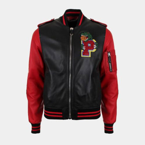 Red Sleeve Plein Warriors Leather Bomber Jacket Fashion Collection Free Shipping