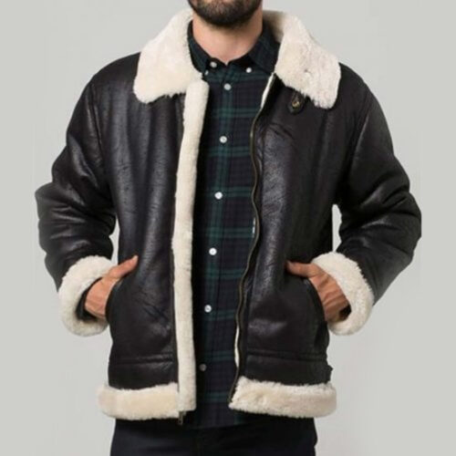 Men’s Black Aviator Faux Shearling Bombers Leather Jacket Leather Bombers jackets Free Shipping