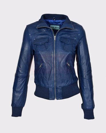 Bomber Jacket Leather Sleeves Short Slim Fit Casual Blue