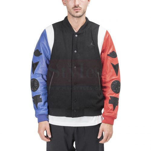 AIR JORDAN DNA LEATHER VARSITY FASHION JACKET (BLACK / RED / BLUE) Fashion Jackets Free Shipping