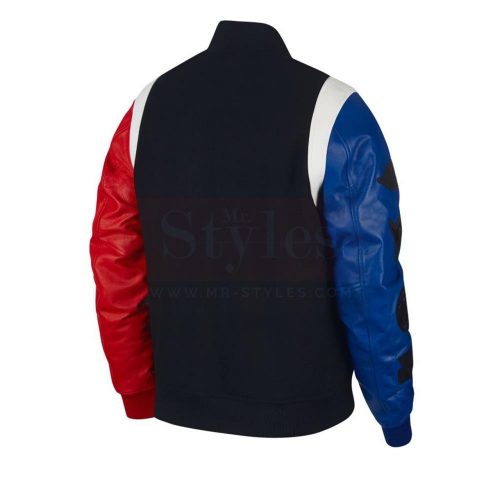 AIR JORDAN DNA LEATHER VARSITY FASHION JACKET (BLACK / RED / BLUE) Fashion Jackets Free Shipping