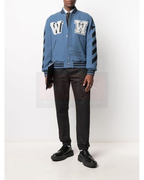 View fullscreen Off-White c/o Virgil Abloh Men’s Blue Logo Varsity Jacket Fashion Jackets Free Shipping