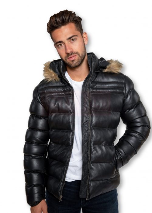 Winter puffer leather jacket with fur Puffer Jackets Free Shipping