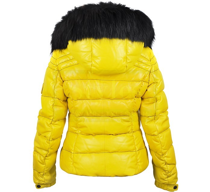 Hooded Yellow Leather Puffer Jacket - 15% Off | Mr-Styles