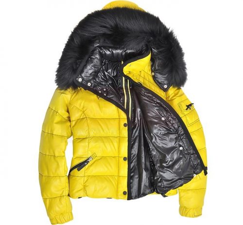 Hooded Yellow Leather Puffer Jacket Puffer Jackets Free Shipping