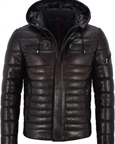 Men's Real Leather Jacket Puffer Hooded