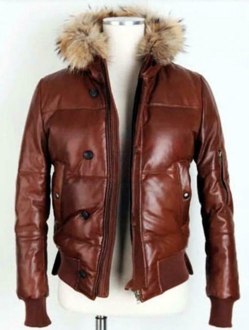 Bomber Fur Hoodie Leather Puffer Jacket  Men Puffer Jackets Free Shipping