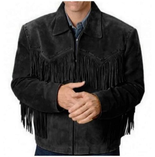 Western Black Leather Jacket Wear Fringes Beads Western Jacket Free Shipping