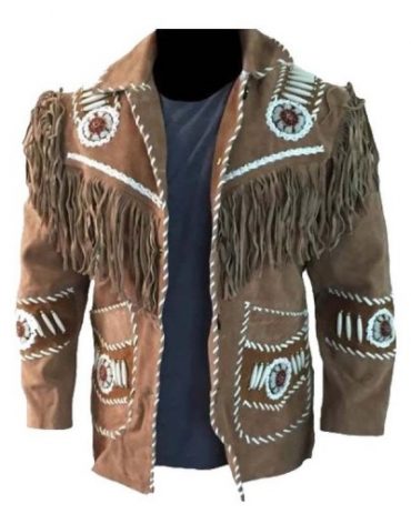 Western Brown Leather Jacket Fringe & Bone Beading Western Jacket Free Shipping