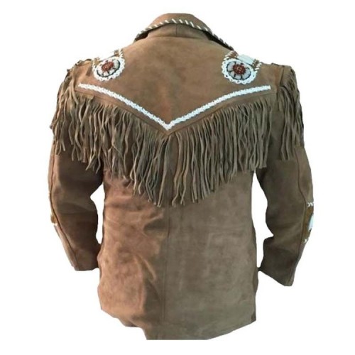 Western Cowboy Leather Coat With Fringe Bones And Beads Brown Western Jacket Free Shipping