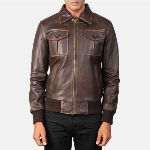 Aaron Brown Leather Bomber Jacket For Men’s Fashion Collection Free Shipping