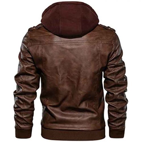 Men’s Casual Stand Collar Real Leather Zip-Up Bomber Jacket With a Removable Hood Fashion Collection Free Shipping