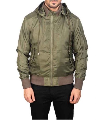 Men’s Hanklin Green Hooded Bomber Leather Jacket Fashion Collection Free Shipping
