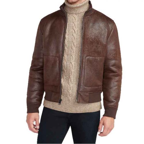 Brown Vegan Leather Sherpa Lined Bomber Jacket Fashion Collection Free Shipping