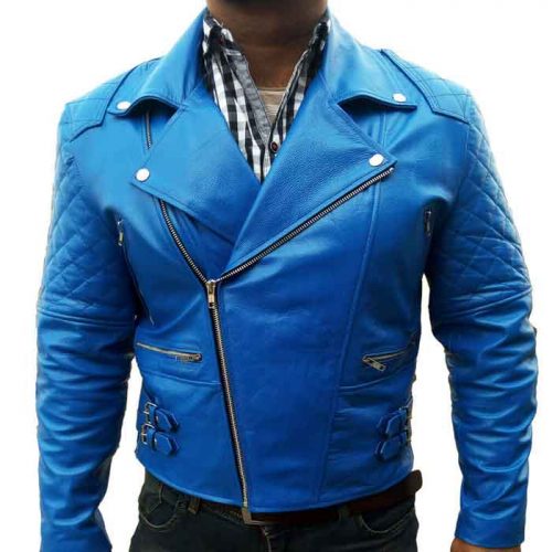 Blue Ribbed Fashion Leather Jacket for Men’s Fashion Jackets Free Shipping