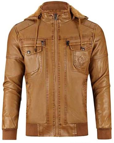 Men's Real Leather Jacket with Removable Hooded