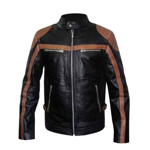 Mens Brown Strips Motorbike Leather Jacket MotoGp Jackets Free Shipping