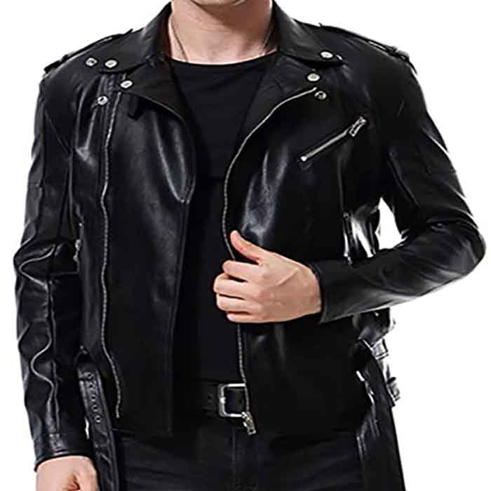 Men's Leather Jacket Double Belt Motorcycle Zip Slim Fit Biker Jacket