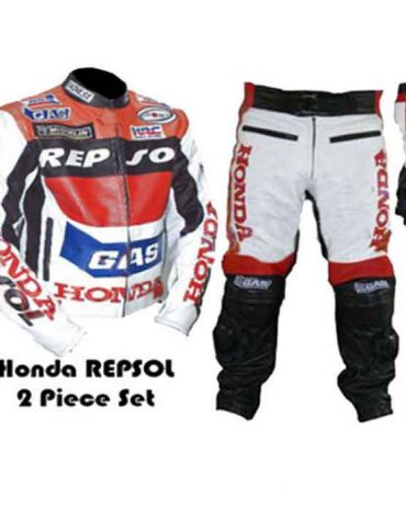 GAS REPSOL RED MOTORBIKE MOTORCYCLE COWHIDE LEATHER ARMOURED 2 PIECE SUIT