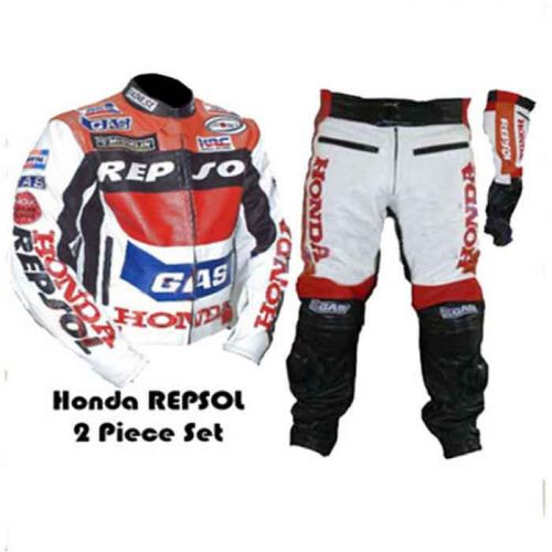 GAS REPSOL RED MOTORBIKE MOTORCYCLE COWHIDE LEATHER ARMOURED 2 PIECE SUIT Motogp Leather Suits Free Shipping