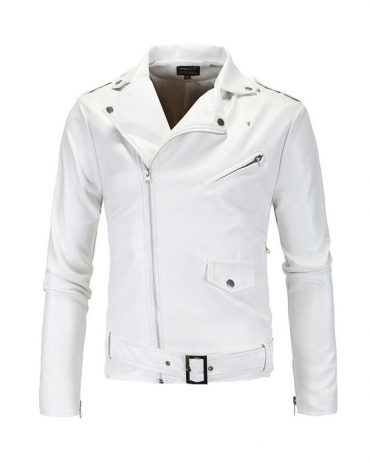 WHITE MEN FASHION CASUAL SOLID TURN DOWN COLLAR MOTORCYCLE LEATHER JACKET COAT