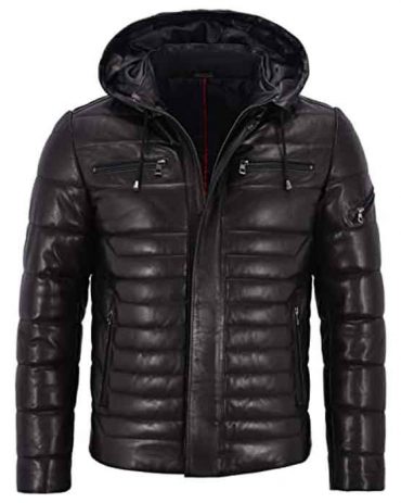 Men’s Puffer Hooded Leather Jacket Fashion Collection Free Shipping