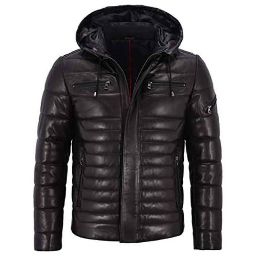 Men’s Real Leather Jacket Puffer Hooded Quilted Design 2021 Fashion Collection Free Shipping