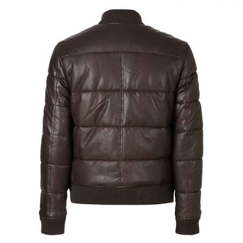 Brown Leather Puffer Bomber Jacket Fashion Collection Free Shipping